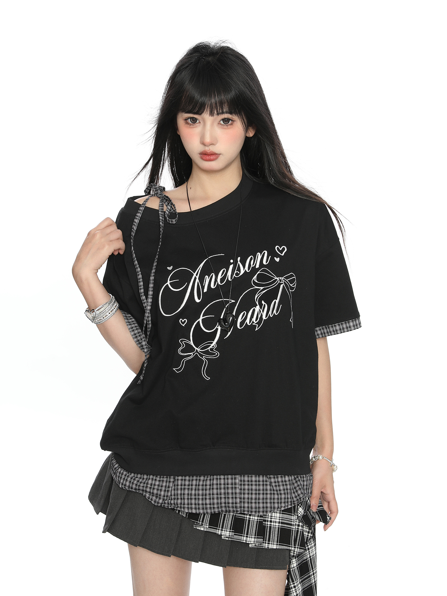 Asymmetrical Bow Tie Two-Piece Short Sleeve T-Shirt for Women - Summer Slimming Top in Korean Style Asymmetrical Bow Tie Two-Piece Short Sleeve T-Shirt for Women - Summer Slimming Top in Korean Style