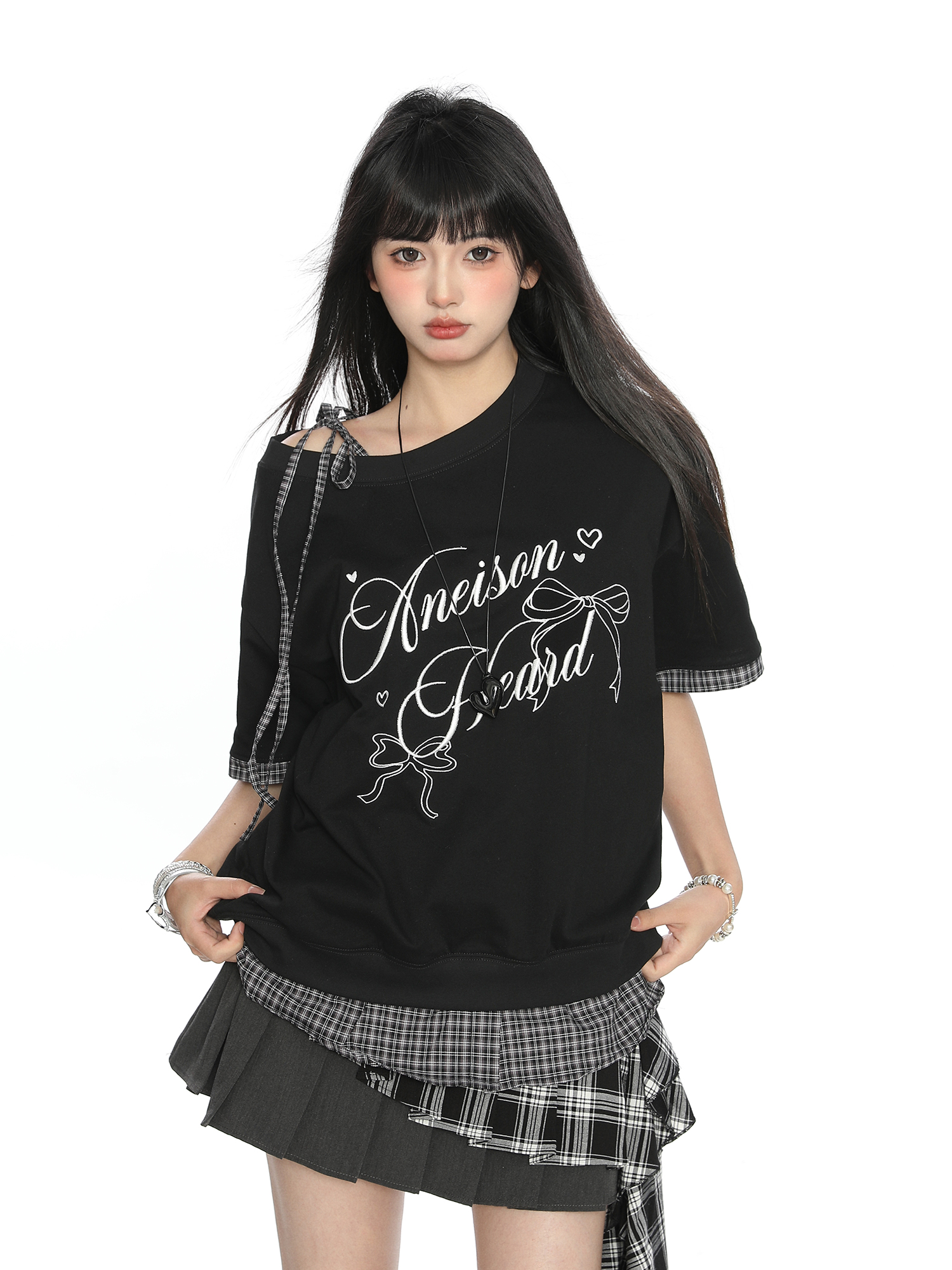 Asymmetrical Bow Tie Two-Piece Short Sleeve T-Shirt for Women - Summer Slimming Top in Korean Style Asymmetrical Bow Tie Two-Piece Short Sleeve T-Shirt for Women - Summer Slimming Top in Korean Style