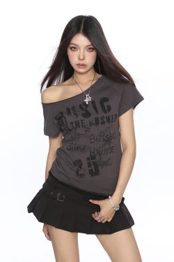 Asymmetrical Off-Shoulder Crop Top T-Shirt for Women - Y2K Punk Graffiti Short Sleeve Slim Fit Summer Style