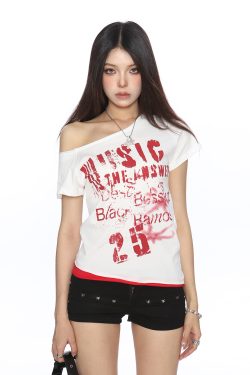 Asymmetrical Off-Shoulder Crop Top T-Shirt for Women - Y2K Punk Graffiti Short Sleeve Slim Fit Summer Style
