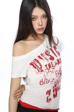 Asymmetrical Off-Shoulder Crop Top T-Shirt for Women - Y2K Punk Graffiti Short Sleeve Slim Fit Summer Style