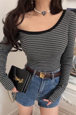 Asymmetrical Off-Shoulder Striped Slim-Fit Long Sleeve T-Shirt - Custom-Made Autumn/Winter 2024 Sexy Layering Top