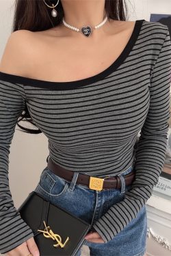 Asymmetrical Off-Shoulder Striped Slim-Fit Long Sleeve T-Shirt - Custom-Made Autumn/Winter 2024 Sexy Layering Top