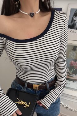 Asymmetrical Off-Shoulder Striped Slim-Fit Long Sleeve T-Shirt - Custom-Made Autumn/Winter 2024 Sexy Layering Top