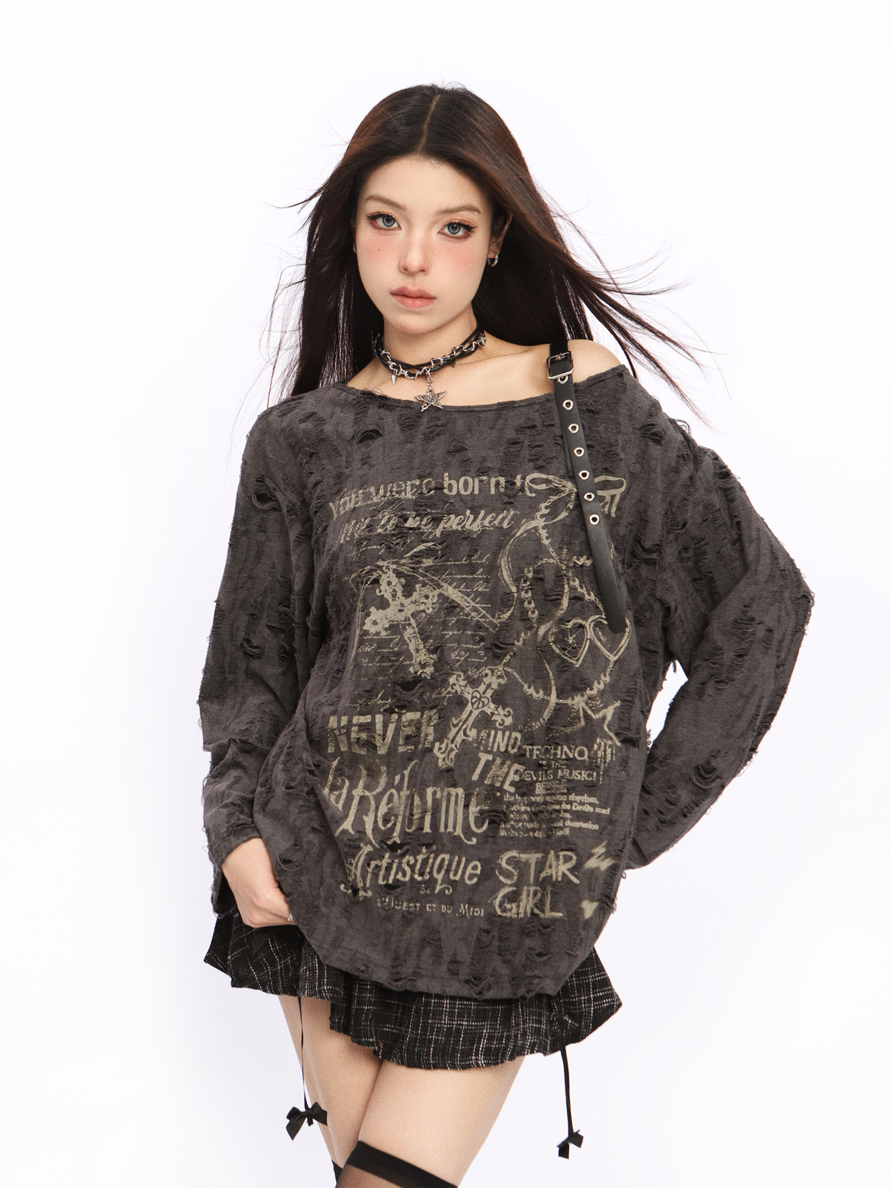 Asymmetrical Off-Shoulder T-Shirt for Women - Y2K Ripped Slim Fit Summer Top with Sun Protection, American Style Fashion Asymmetrical Off-Shoulder T-Shirt for Women - Y2K Ripped Slim Fit Summer Top with Sun Protection, American Style Fashion