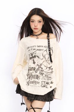 Asymmetrical Off-Shoulder T-Shirt for Women - Y2K Ripped Slim Fit Summer Top with Sun Protection, American Style Fashion