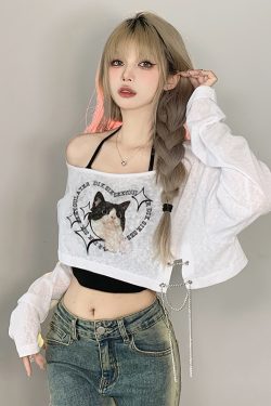 Asymmetrical Shoulder Cat Print T-Shirt and Black Halter Neck Tank Top Layered Two-Piece Set for Women - Trendy Y2K Style