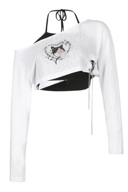 Asymmetrical Shoulder Cat Print T-Shirt and Black Halter Neck Tank Top Layered Two-Piece Set for Women - Trendy Y2K Style