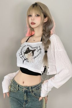 Asymmetrical Shoulder Cat Print T-Shirt and Black Halter Neck Tank Top Layered Two-Piece Set for Women - Trendy Y2K Style