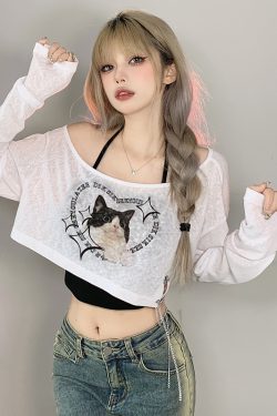 Asymmetrical Shoulder Cat Print T-Shirt and Black Halter Neck Tank Top Layered Two-Piece Set for Women - Trendy Y2K Style