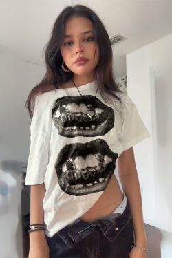 Asymmetrical Shoulder Short Sleeve T-Shirt for Women - Street Hip-Hop Mouth Print Casual Loose Dance Top