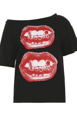 Asymmetrical Shoulder Short Sleeve T-Shirt for Women - Street Hip-Hop Mouth Print Casual Loose Dance Top