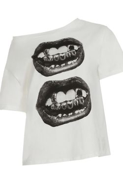 Asymmetrical Shoulder Short Sleeve T-Shirt for Women - Street Hip-Hop Mouth Print Casual Loose Dance Top