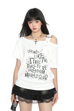 Asymmetrical Shoulder Strap Short Sleeve T-Shirt for Women - American Letter Graffiti Summer Slimming Top - Trendy Irregular Style