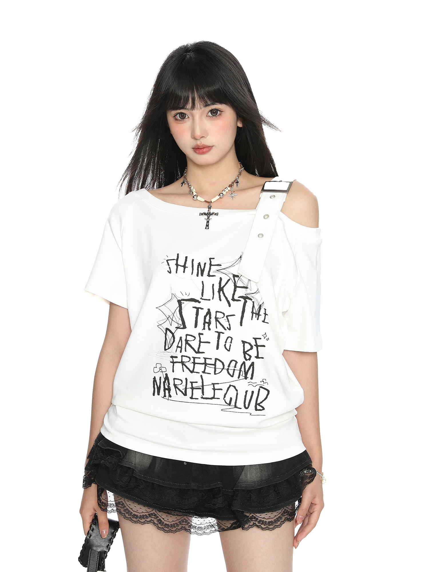 Asymmetrical Shoulder Strap Short Sleeve T-Shirt for Women - American Letter Graffiti Summer Slimming Top - Trendy Irregular Style Asymmetrical Shoulder Strap Short Sleeve T-Shirt for Women - American Letter Graffiti Summer Slimming Top - Trendy Irregular Style