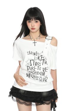 Asymmetrical Shoulder Strap Short Sleeve T-Shirt for Women - American Letter Graffiti Summer Slimming Top - Trendy Irregular Style