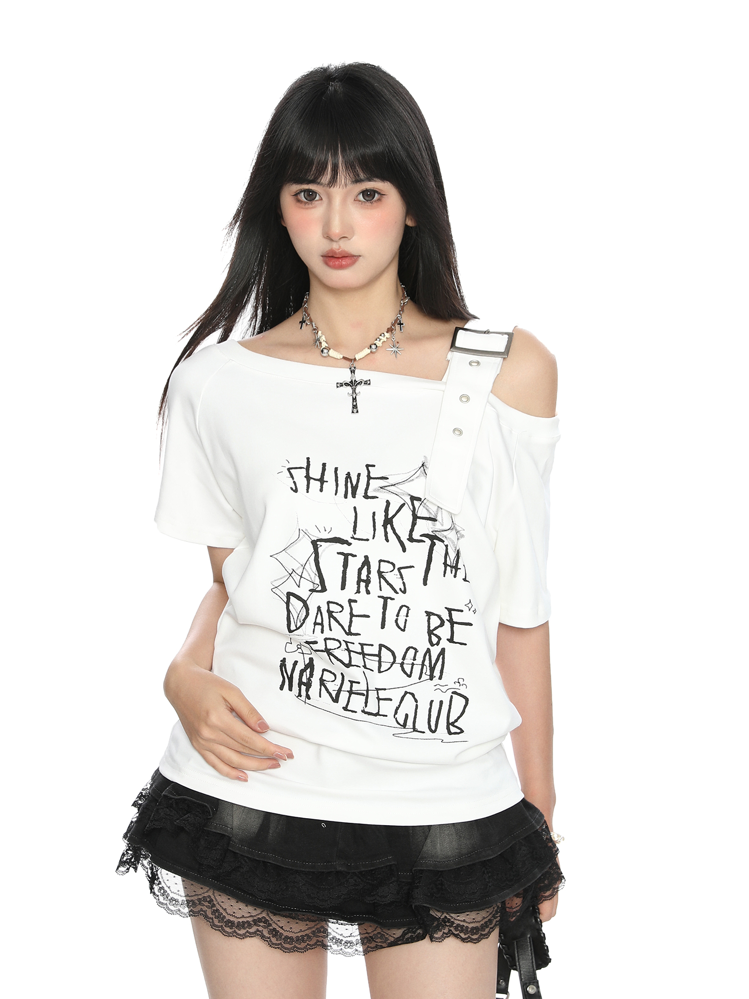 Asymmetrical Shoulder Strap Short Sleeve T-Shirt for Women - American Letter Graffiti Summer Slimming Top - Trendy Irregular Style Asymmetrical Shoulder Strap Short Sleeve T-Shirt for Women - American Letter Graffiti Summer Slimming Top - Trendy Irregular Style