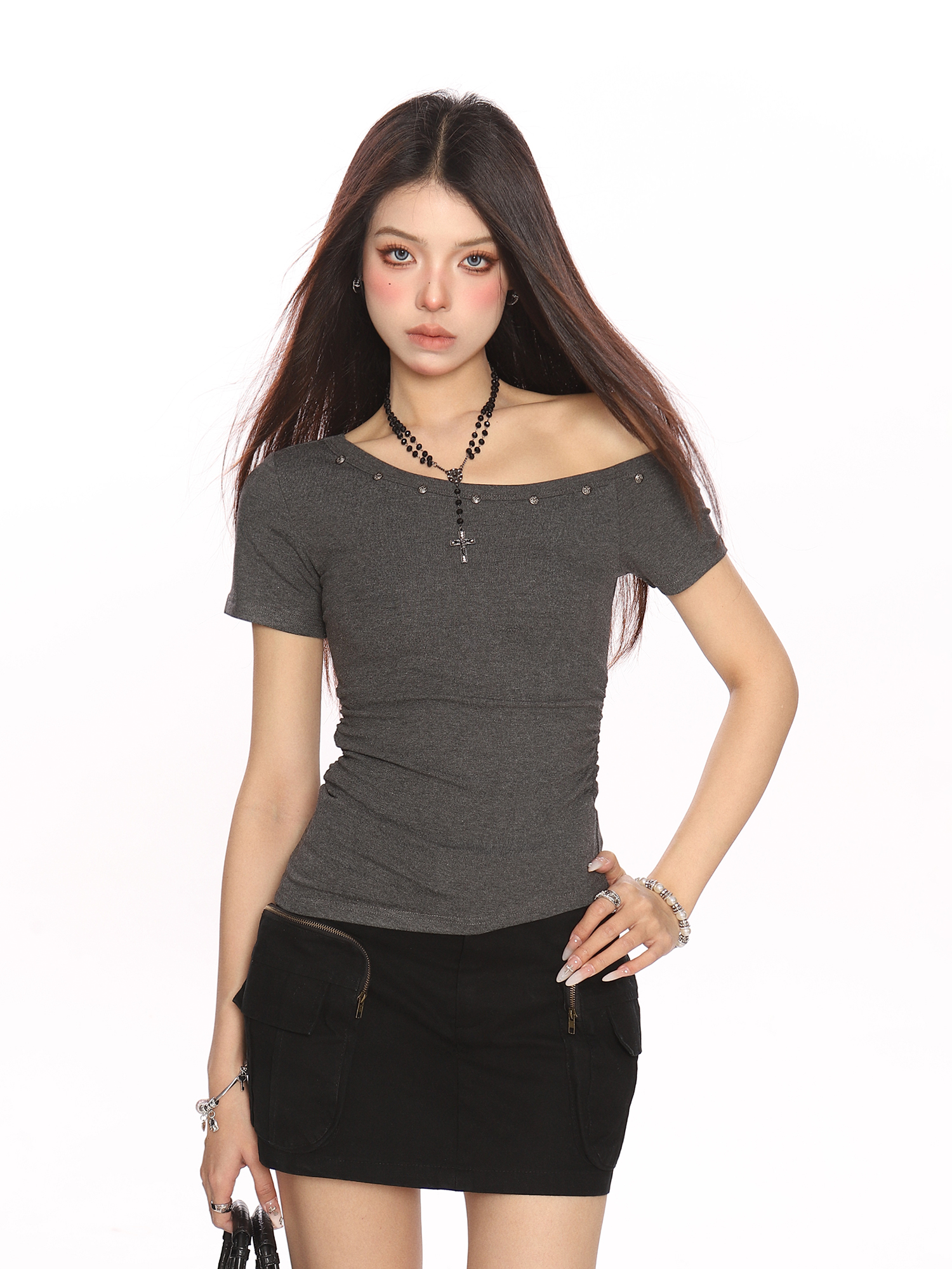 Asymmetrical Shoulder Studded Short Sleeve T-Shirt for Women - Slim Fit Irregular Off-Shoulder Top - Trendy Summer Style Asymmetrical Shoulder Studded Short Sleeve T-Shirt for Women - Slim Fit Irregular Off-Shoulder Top - Trendy Summer Style