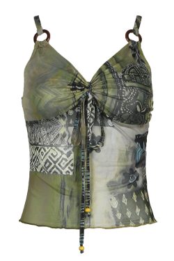 Asymmetrical Vintage Print Tie-Waist Ruched Mesh Camisole for Women - Slim Fit, Midriff-Baring, Versatile Y2K Style Top