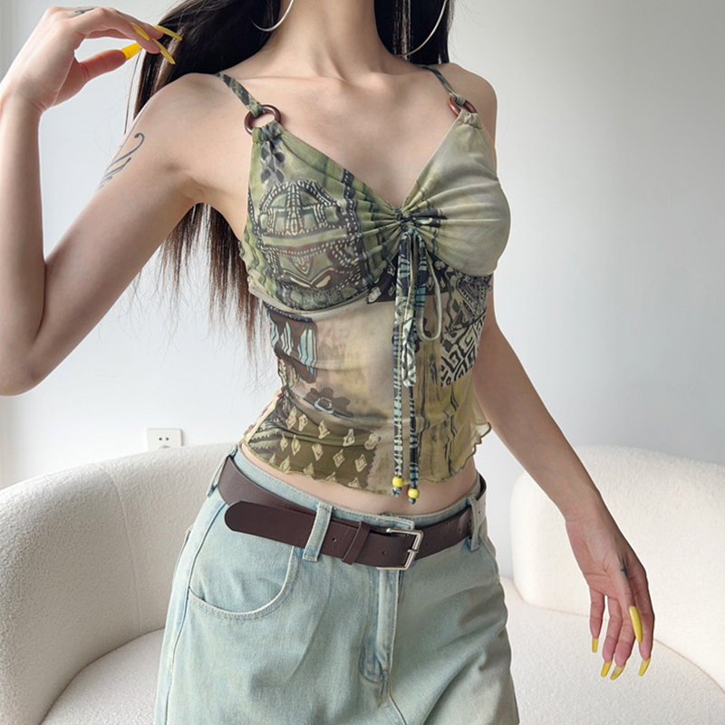 Asymmetrical Vintage Print Tie-Waist Ruched Mesh Camisole for Women - Slim Fit, Midriff-Baring, Versatile Y2K Style Top Asymmetrical Vintage Print Tie-Waist Ruched Mesh Camisole for Women - Slim Fit, Midriff-Baring, Versatile Y2K Style Top