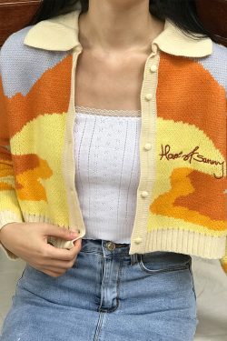 Autumn Vintage Cute Girl Oil Sunset Color Block Lapel Long Sleeve Knitted Cardigan Short Jacket for Y2K and 90s Style