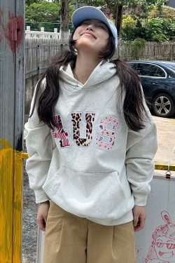 Autumn Winter Camouflage Couple Hoodie with Cashew Flower Leopard Print and Letter Patch Embroidery, Y2K Streetwear Fashion