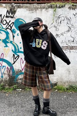 Autumn Winter Patchwork Embroidered Plaid Floral Couple Loose Hoodie Unisex Y2K Style Fashion