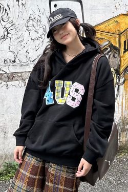 Autumn Winter Patchwork Embroidered Plaid Floral Couple Loose Hoodie Unisex Y2K Style Fashion