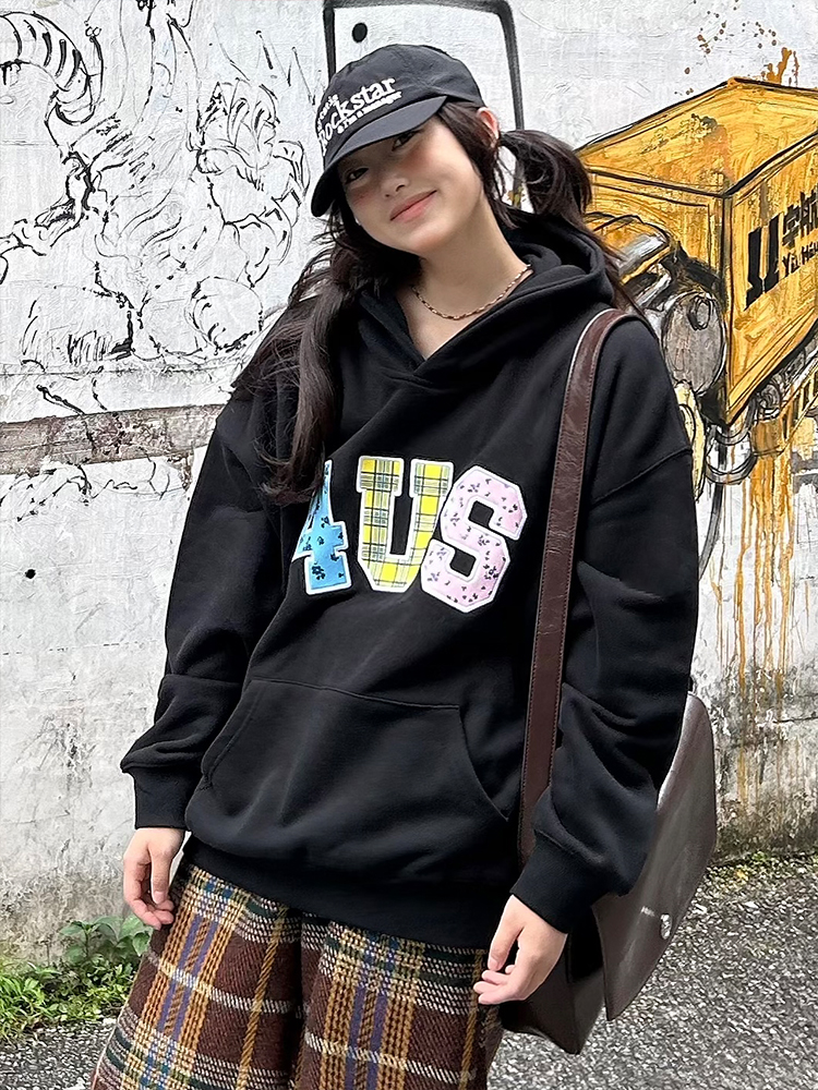 Autumn Winter Patchwork Embroidered Plaid Floral Couple Loose Hoodie Unisex Y2K Style Fashion Autumn Winter Patchwork Embroidered Plaid Floral Couple Loose Hoodie Unisex Y2K Style Fashion