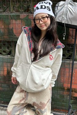 Autumn Winter Plaid Splicing Slogan Letter Couple Zipper Hoodie Cardigan Jacket - Casual Streetwear, Y2K Fashion Style