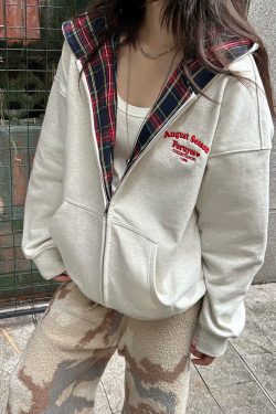 Autumn Winter Plaid Splicing Slogan Letter Couple Zipper Hoodie Cardigan Jacket - Casual Streetwear, Y2K Fashion Style