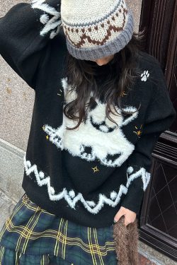 Autumn Winter Plush Jacquard Knitted Sweater for Couples - Versatile National Trend Dog Design, Cozy Fashion Essential