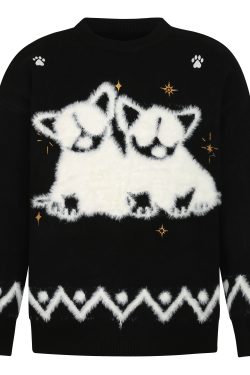 Autumn Winter Plush Jacquard Knitted Sweater for Couples - Versatile National Trend Dog Design, Cozy Fashion Essential