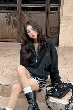 Autumn Winter Red Plaid Fake Two-Piece Zipper Hoodie - Slogan Embroidered Loose Fit Couple's Style