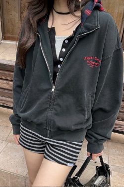 Autumn Winter Red Plaid Fake Two-Piece Zipper Hoodie - Slogan Embroidered Loose Fit Couple's Style