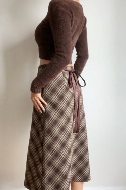 Autumn Winter Retro Plaid High Waist Brown Checkered Midi Skirt with Bow Tie - Cute Long Skirt for Y2K and Vintage Style