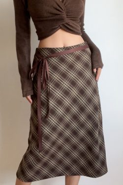 Autumn Winter Retro Plaid High Waist Brown Checkered Midi Skirt with Bow Tie - Cute Long Skirt for Y2K and Vintage Style