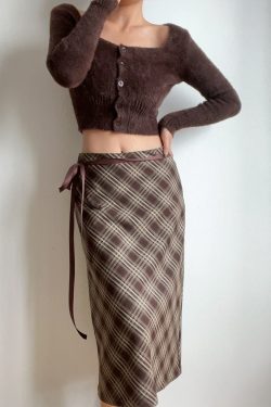Autumn Winter Retro Plaid High Waist Brown Checkered Midi Skirt with Bow Tie - Cute Long Skirt for Y2K and Vintage Style