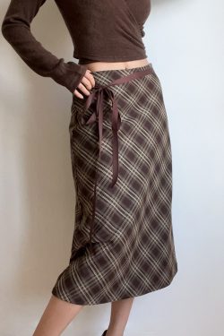 Autumn Winter Retro Plaid High Waist Brown Checkered Midi Skirt with Bow Tie - Cute Long Skirt for Y2K and Vintage Style