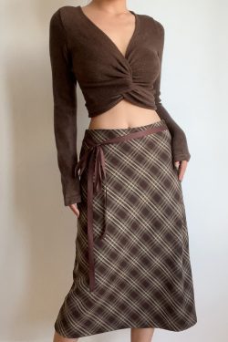 Autumn Winter Retro Plaid High Waist Brown Checkered Midi Skirt with Bow Tie - Cute Long Skirt for Y2K and Vintage Style