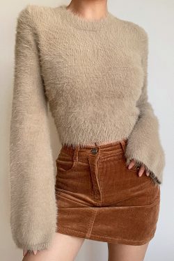 Autumn Winter Retro Round Neck Fluffy Knit Top with Short Flare Sleeves - Solid Color High Waist Pullover for Cozy Style