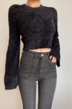 Autumn Winter Retro Round Neck Fluffy Knit Top with Short Flare Sleeves - Solid Color High Waist Pullover for Cozy Style