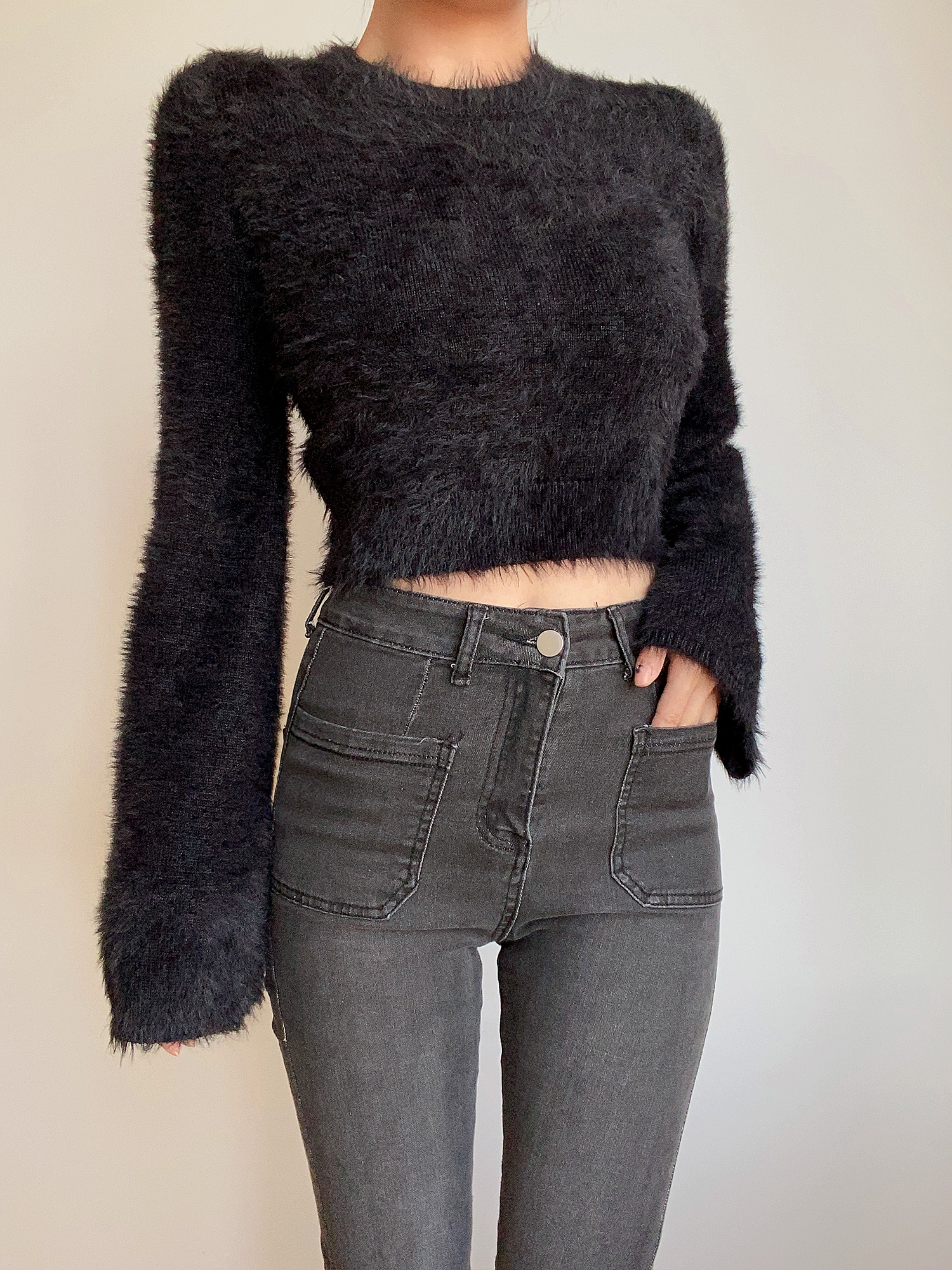 Autumn Winter Retro Round Neck Fluffy Knit Top with Short Flare Sleeves - Solid Color High Waist Pullover for Cozy Style Autumn Winter Retro Round Neck Fluffy Knit Top with Short Flare Sleeves - Solid Color High Waist Pullover for Cozy Style