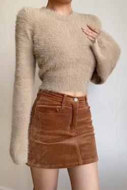 Autumn Winter Retro Round Neck Fluffy Knit Top with Short Flare Sleeves - Solid Color High Waist Pullover for Cozy Style