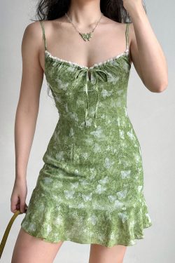 Backless Butterfly Print Spaghetti Strap Dress with Ruffle Hem - Women's A-line Short Skirt in European American Style