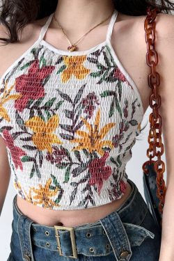 Backless Halter Crop Top for Women - Sexy Ruffled Print Design, European & American Style, Perfect for Y2K and Summer Fashion