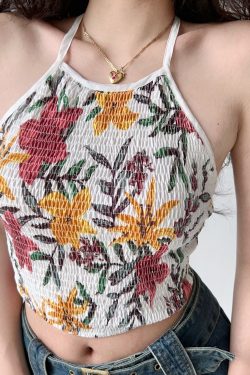 Backless Halter Crop Top for Women - Sexy Ruffled Print Design, European & American Style, Perfect for Y2K and Summer Fashion