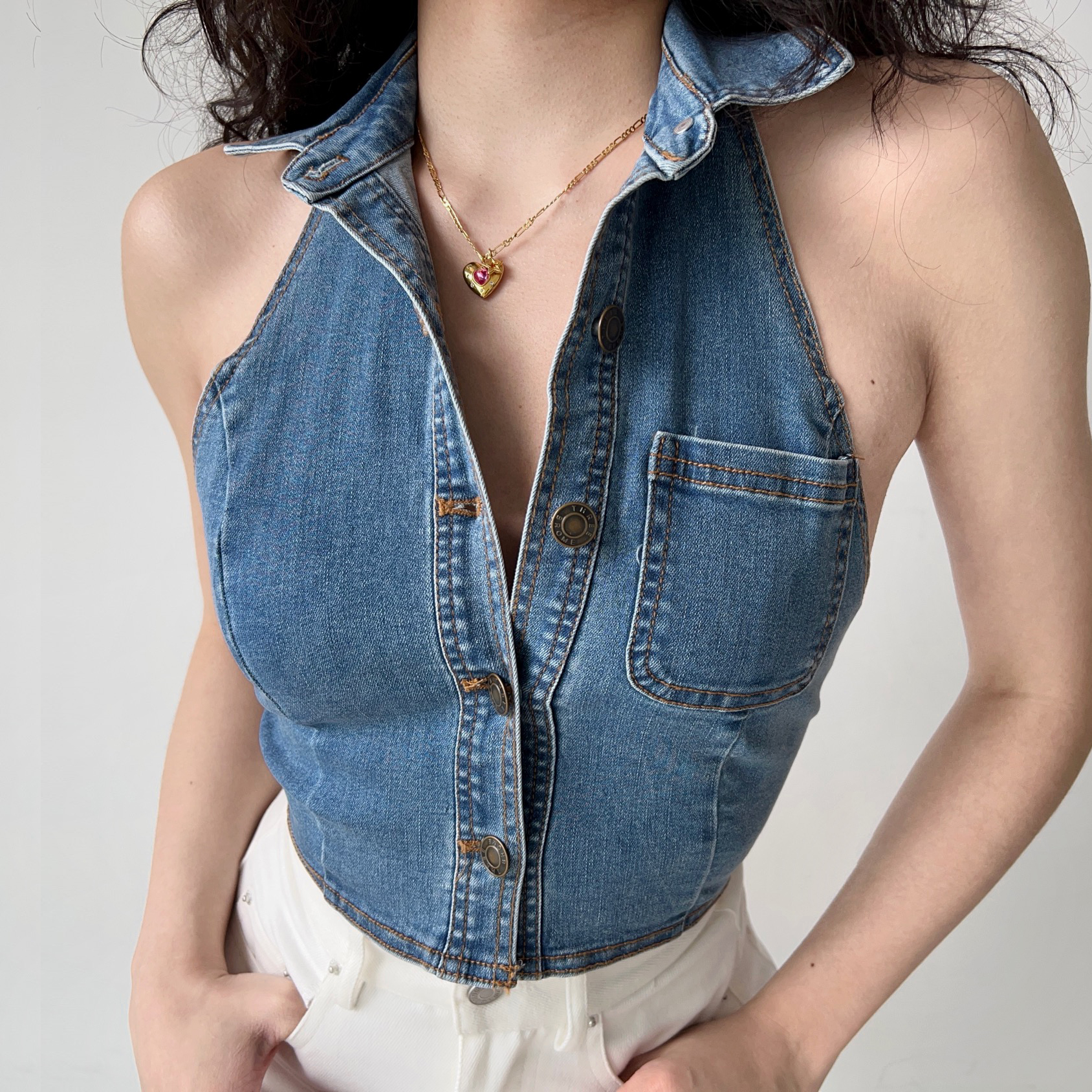 Backless Halter Denim Vest - Retro European American Style Women's Short Top, Sexy Lapel Outerwear for Trendy Looks Backless Halter Denim Vest - Retro European American Style Women's Short Top, Sexy Lapel Outerwear for Trendy Looks