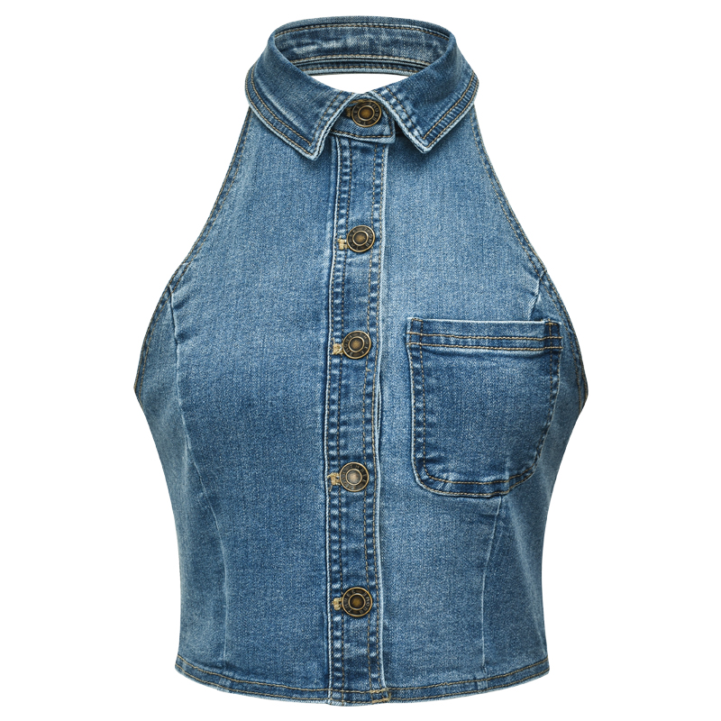 Backless Halter Denim Vest - Retro European American Style Women's Short Top, Sexy Lapel Outerwear for Trendy Looks Backless Halter Denim Vest - Retro European American Style Women's Short Top, Sexy Lapel Outerwear for Trendy Looks