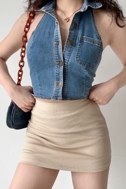 Backless Halter Denim Vest - Retro European American Style Women's Short Top, Sexy Lapel Outerwear for Trendy Looks